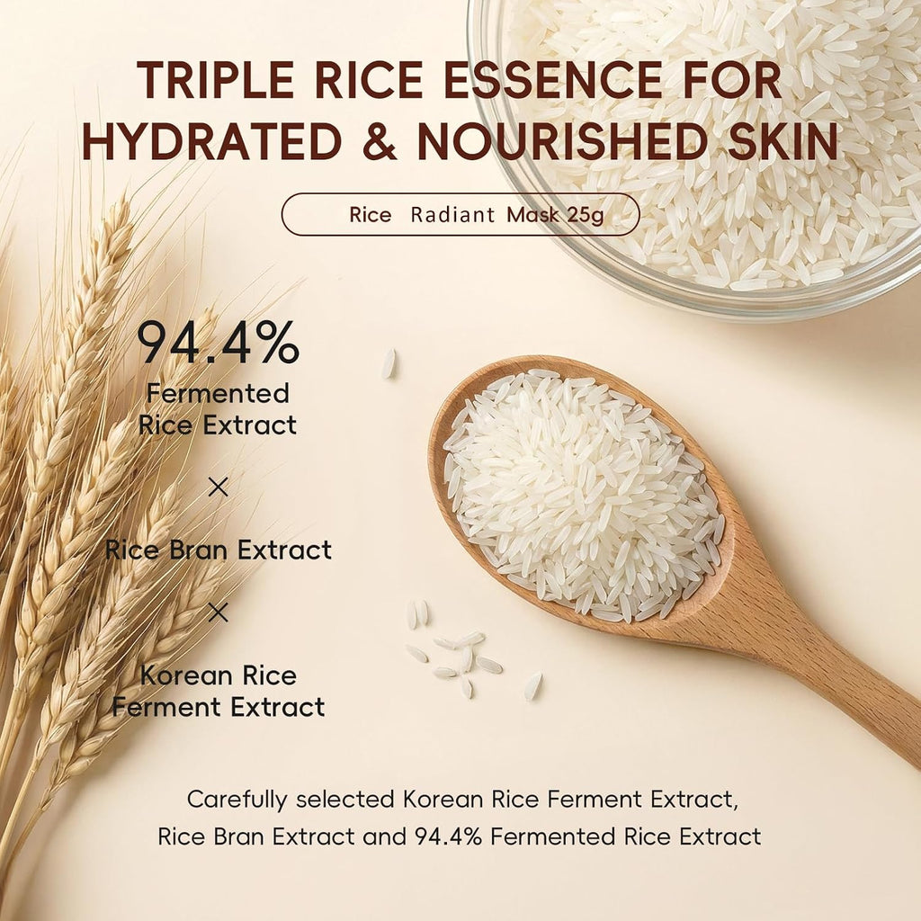 RADIANT Rice Face Mask 3Pcs, 94% Triple Rice Fement Complex Overnight Mask for Glass Skin
