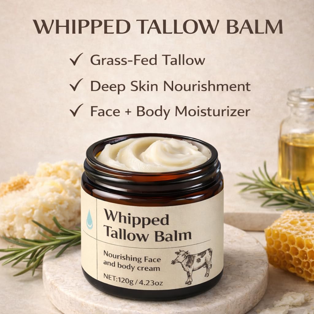 Organic Whipped Tallow Balm – Grass Fed Beef Tallow Moisturizer for Face, Body & Dry Skin, Deep Hydrating Skin Barrier Repair Cream for Sensitive Skin with Natural Ingredients, 4.23 Oz (120G)