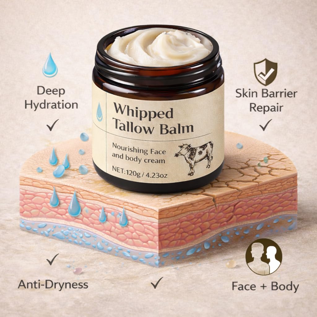 Organic Whipped Tallow Balm – Grass Fed Beef Tallow Moisturizer for Face, Body & Dry Skin, Deep Hydrating Skin Barrier Repair Cream for Sensitive Skin with Natural Ingredients, 4.23 Oz (120G)