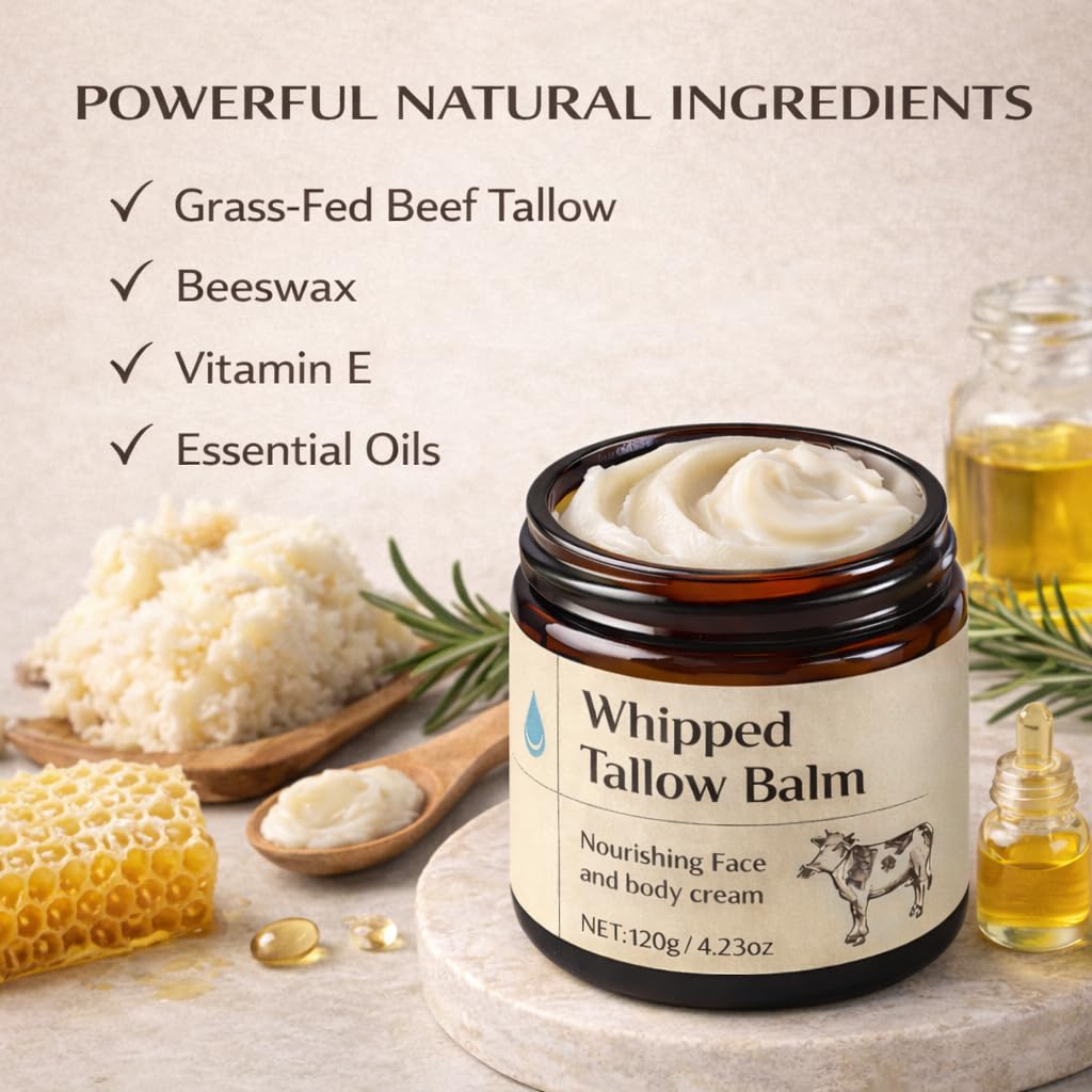 Organic Whipped Tallow Balm – Grass Fed Beef Tallow Moisturizer for Face, Body & Dry Skin, Deep Hydrating Skin Barrier Repair Cream for Sensitive Skin with Natural Ingredients, 4.23 Oz (120G)