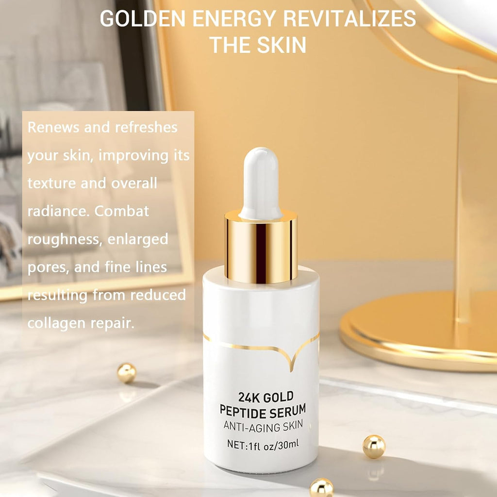 24K Gold Peptides Serum for Face, 9 Peptide Skin Booster anti Aging Serum with Nano Gold, Even Skin Tone Glow Collagen Peptides Essence for Dark Spots & Fine Lines, Collagen Peptide 1 Fl.Oz