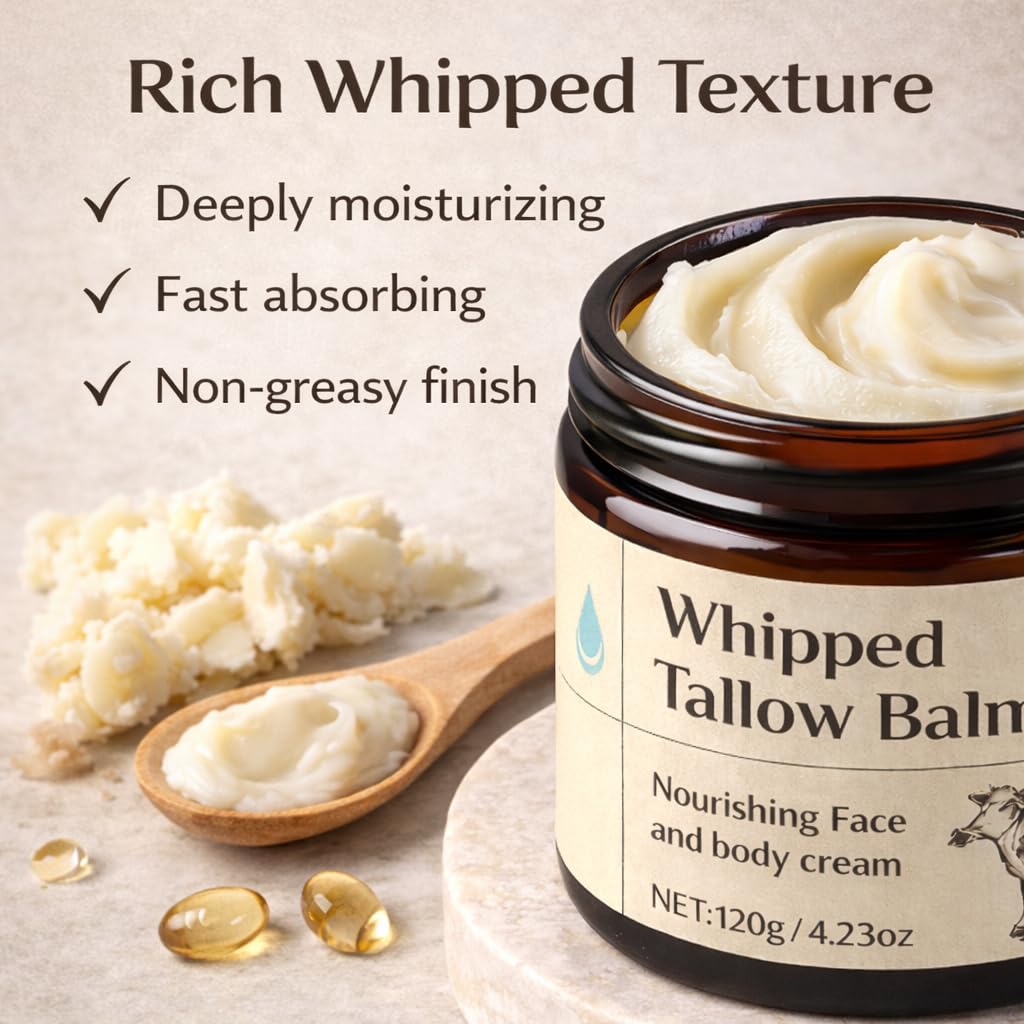 Organic Whipped Tallow Balm – Grass Fed Beef Tallow Moisturizer for Face, Body & Dry Skin, Deep Hydrating Skin Barrier Repair Cream for Sensitive Skin with Natural Ingredients, 4.23 Oz (120G)