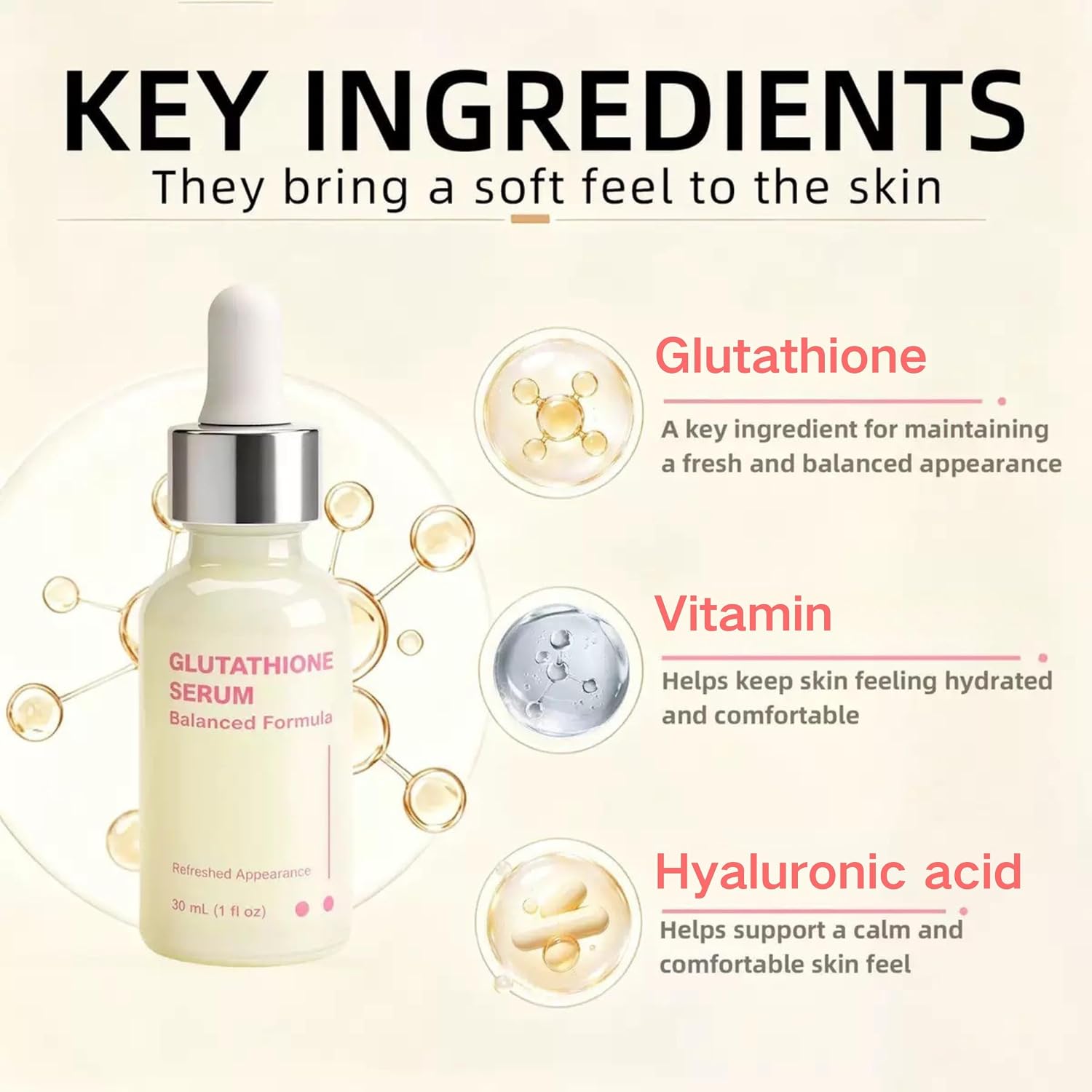 Glutathione Serum, Face Serum with Hyaluronic Acid, Improve Skin Elasticity, Hydrating Facial Serum for Fine Lines, Firm and Anti-Aging
