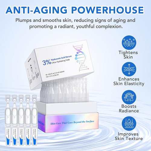 (30 Pack) 3% Hyaluronic Acid Serum Ultra-Hydrating Vials, Skin Repair Hyaluronic Acid Tubes, Single-Use Anti-Aging Serum for Face Wake Nature Perfection Tubes Vials