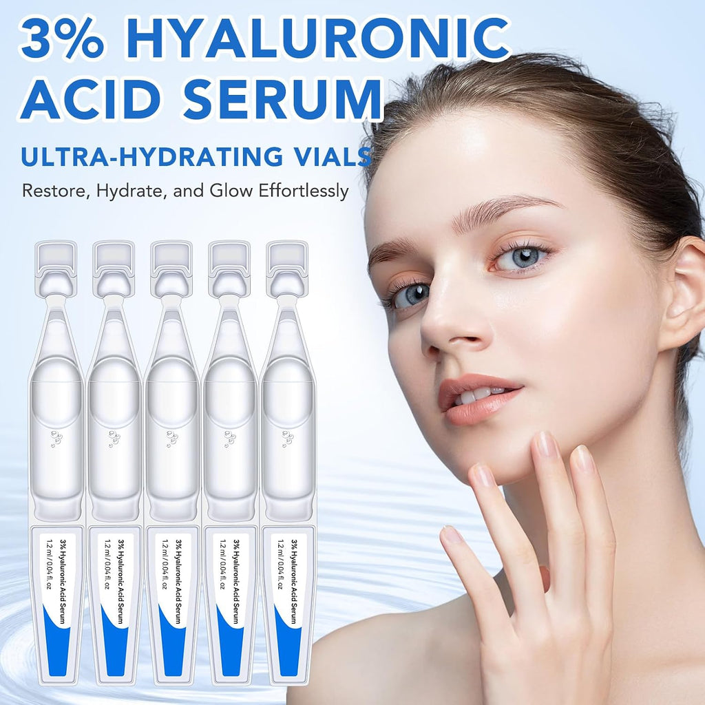 (30 Pack) 3% Hyaluronic Acid Serum Ultra-Hydrating Vials, Skin Repair Hyaluronic Acid Tubes, Single-Use Anti-Aging Serum for Face Wake Nature Perfection Tubes Vials