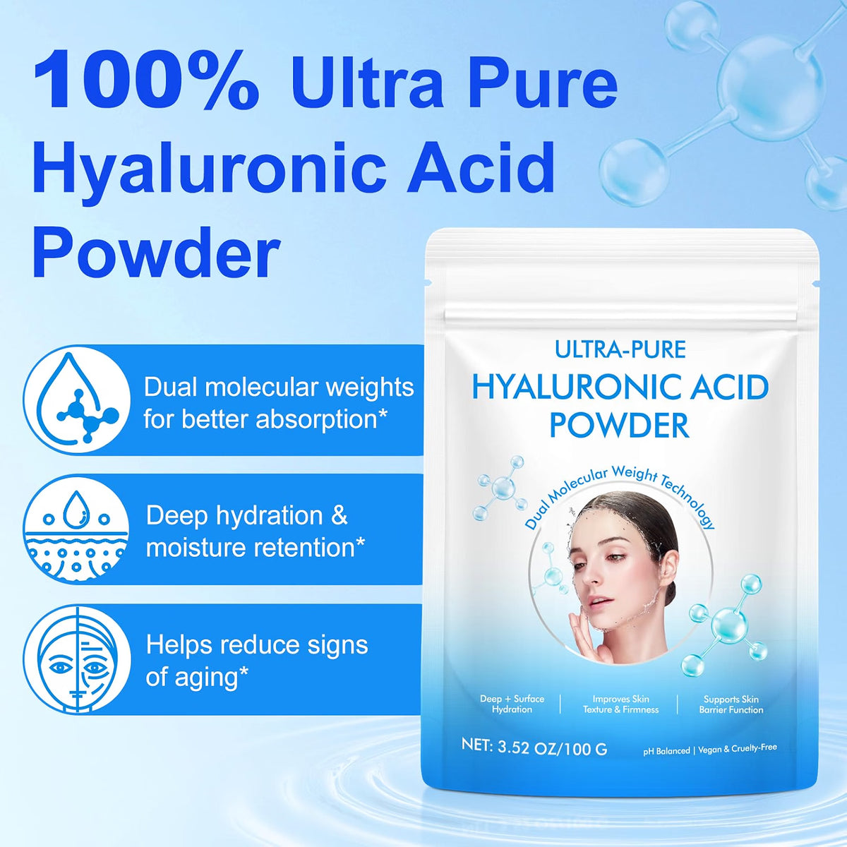 RADIANT Pure Hyaluronic Acid Powder for Skin & Face