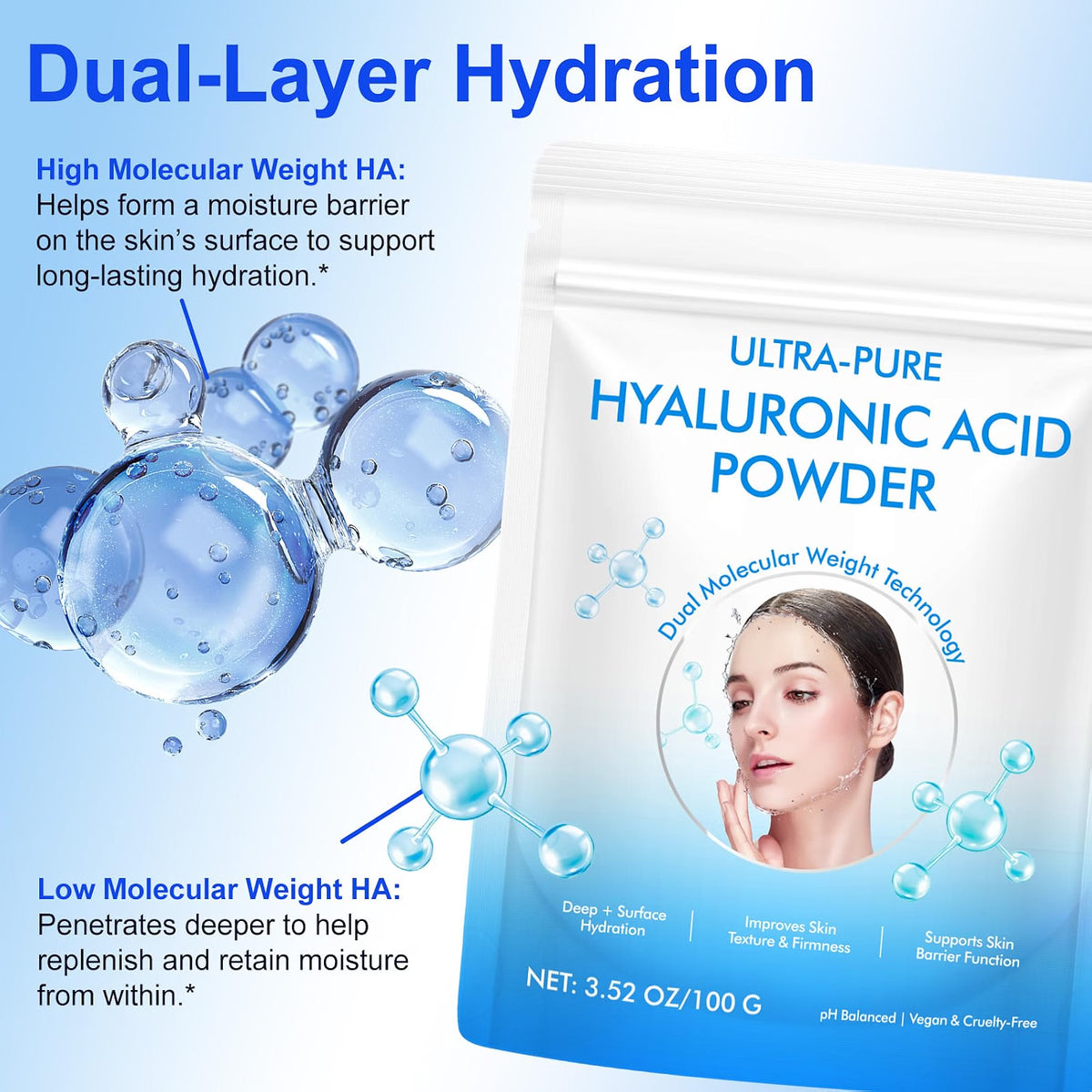 RADIANT Pure Hyaluronic Acid Powder for Skin & Face